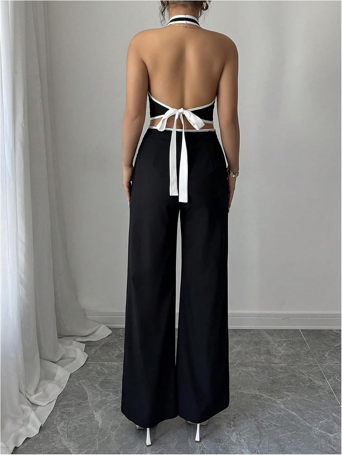 SOLY HUX Women's Summer 2 Piece Outfits Halter Crop Tops and Wide Leg Pants Business Casual Sets - Image 2