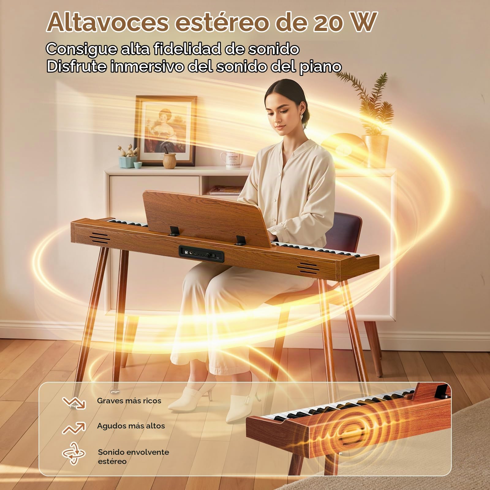 TERENCE P10 Teclado de Piano 88 Teclas Sensibles para Principiantes y Estudiantes | Sistema Triple Pedal, Altavoces 20W Estéreo, Conexión Doble Auriculares, Portátil para Hogar y Estudio