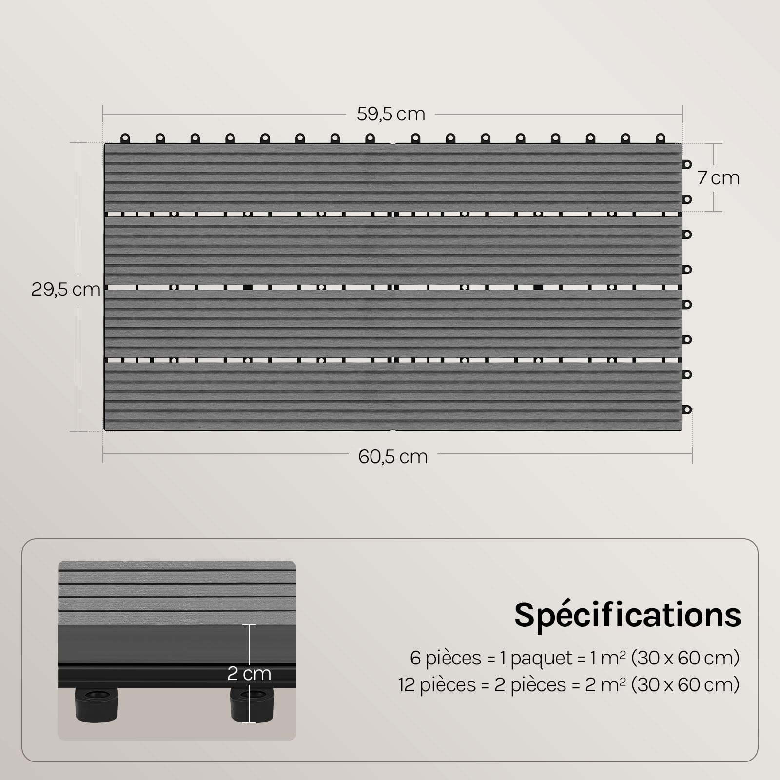 WOLTU WPC Dalle de sol Revêtement Carrelage 30x60cm pour jardin terrasse système plug-in pour fixation, Gris Clair 12 pièce / 2 m²