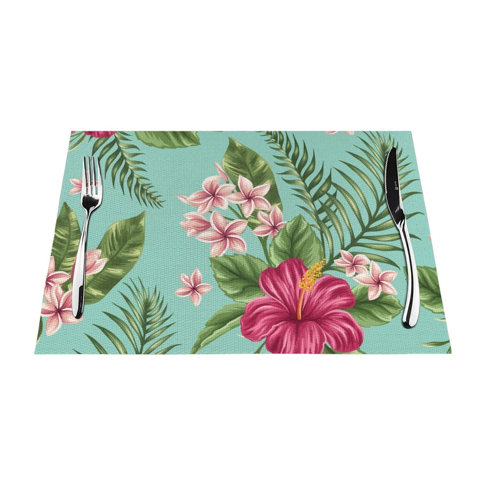 PVC Placemat Set of 4 PCS, 45x30 CM, Hawaiian Tropical Leaves Flowers Printed Non-Slip Heat Resistant Place Mats for Kitchen Dining Table Indoor Outdoor