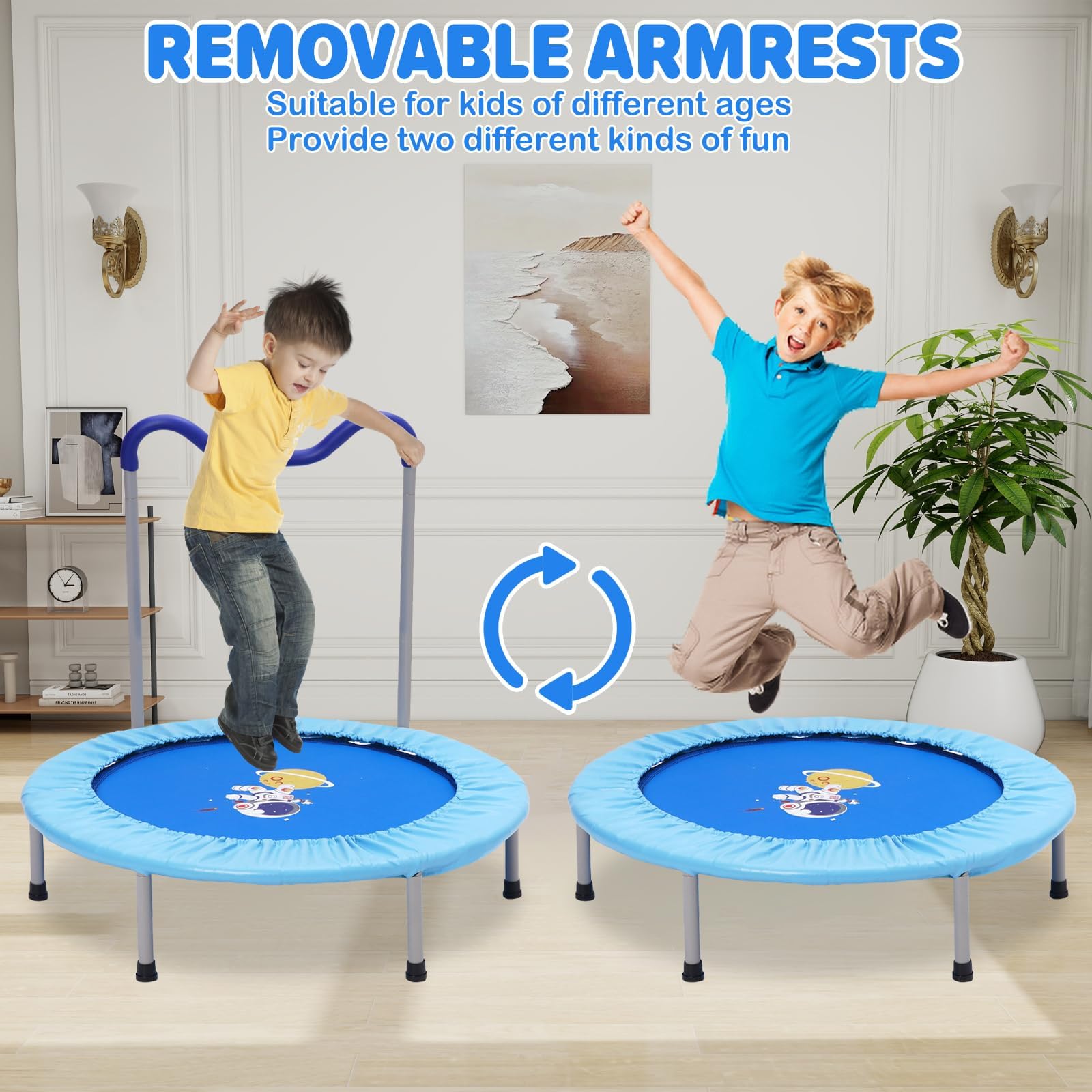 36" Trampolin Kinder mit Verstellbarer Abnehmbarer Griff und Sicherem Polster,bis 60 KG,Fitness Trampolin Faltbar,Indoor/Outdoor für Kinder von 3-6 Jahren,Blau
