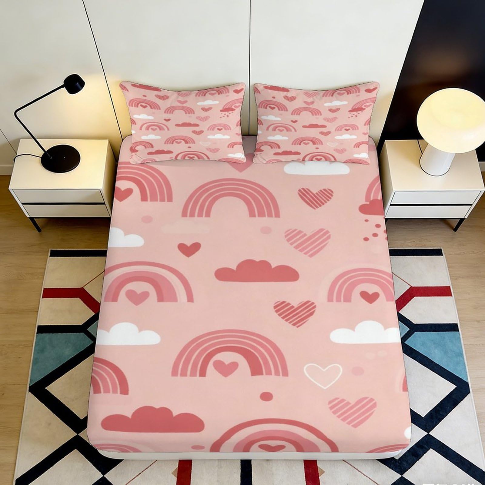 Dhbaneiok Style-6 3D Printed Pink Rainbow Heart Fitted Sheet Microfiber Soft Clouds Bed Cover For Bedroom Guest Room Mattress Decor 90X200x25cm