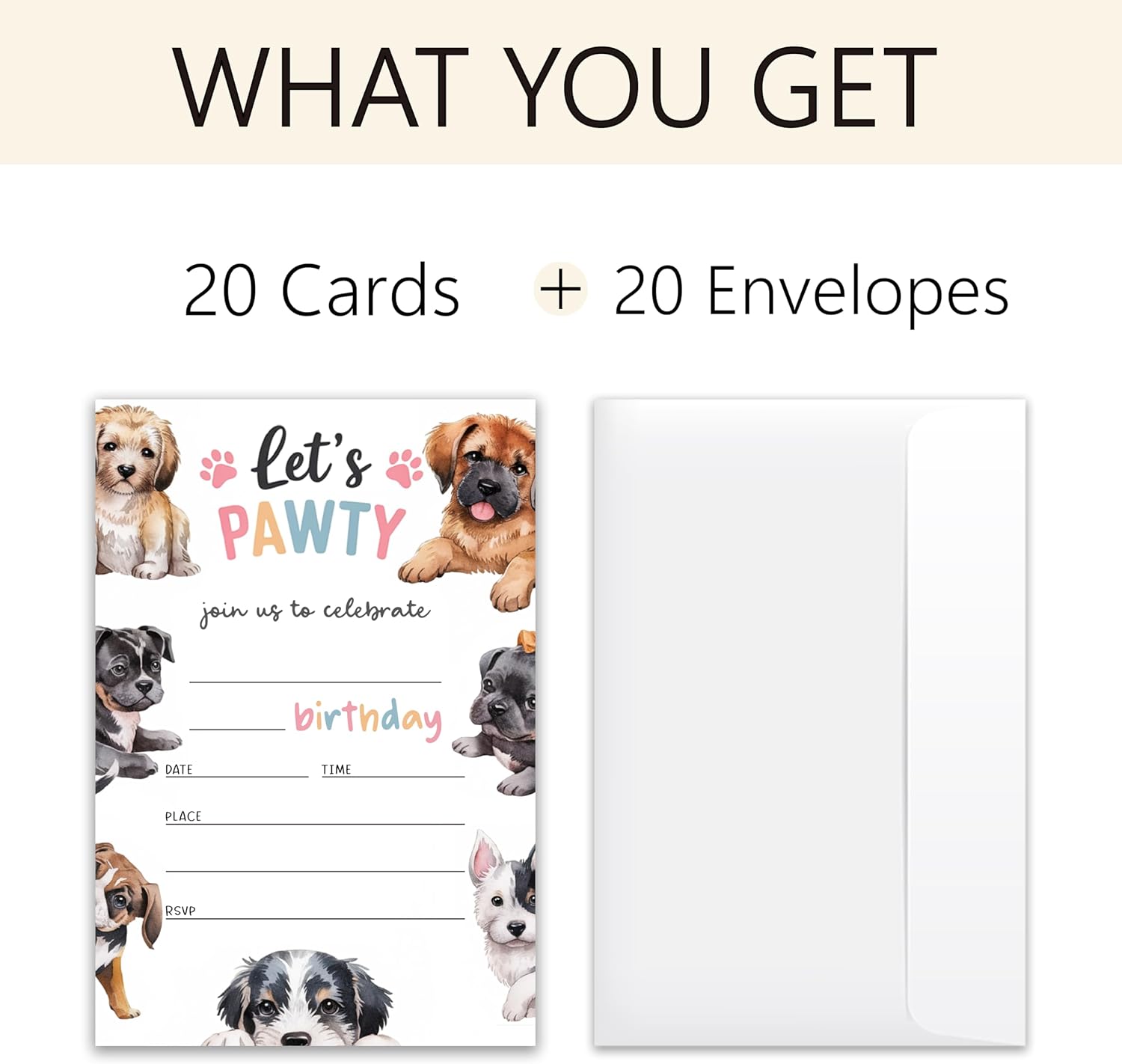 Let's Pawty! Dog Birthday Invitations - 20 Invitation Cards 4”x6” with 20 Envelopes - Cute Doggy Birthday Party Invites.(124)
