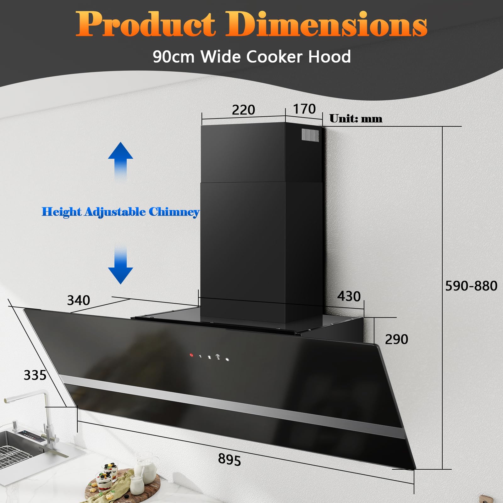 SNDOAS 90cm Cooker Hood, A+++ Wall Mounted Extractor Hood with DC Motor, 450 m³/h, 3 Speed & Booster, Touch Control and Recirculating & Ducting System for Kitchen Extractor Fan, Tempered Glass, LED — view 3