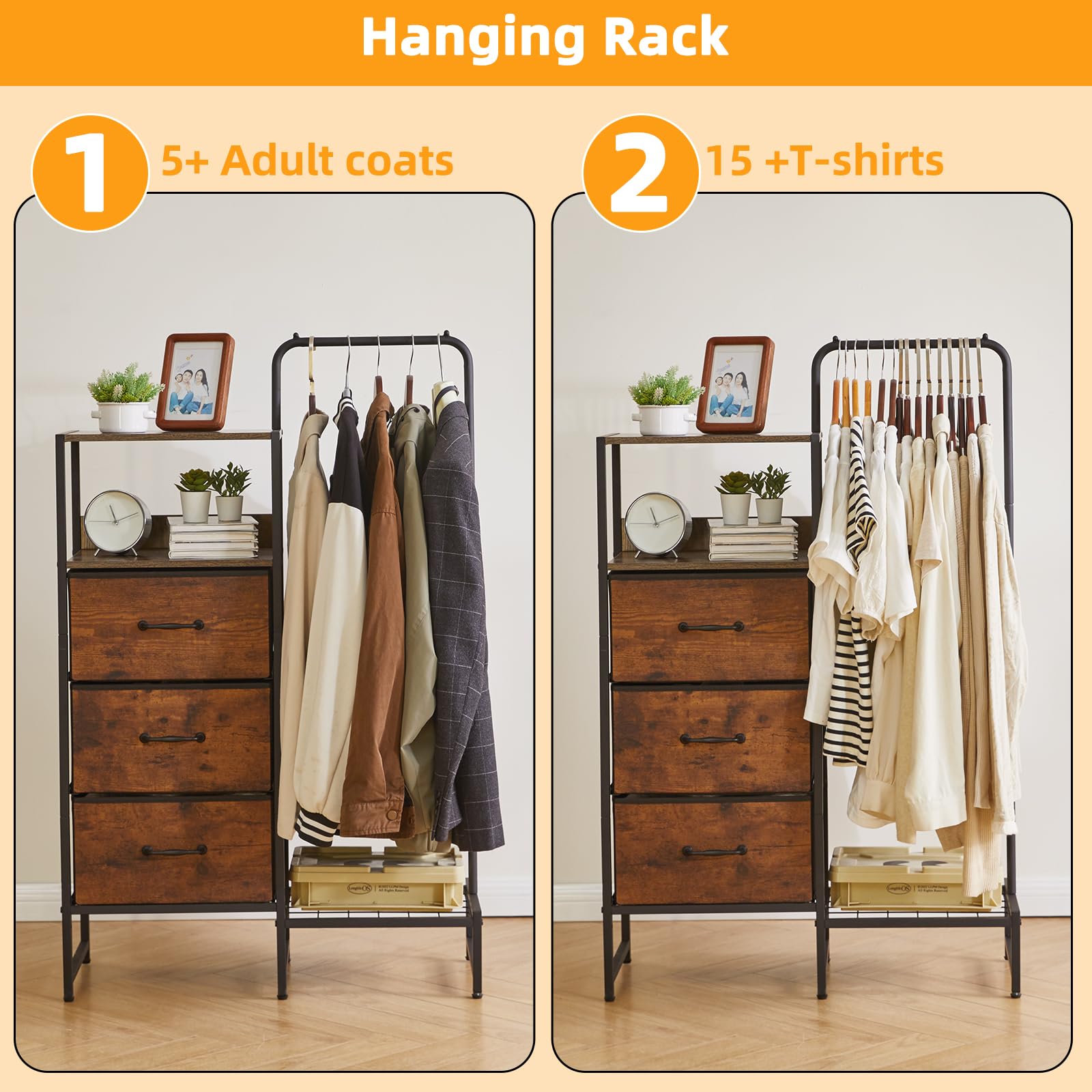 Aibiju Cómoda para Dormitorio con 3 Cajones de Tela, Cómoda de Tela con Estante, Perchero con Zapatero y Estantes para Dormitorio, Salón, Recibidor y Oficina, Marrón Rústico YD-TM081H