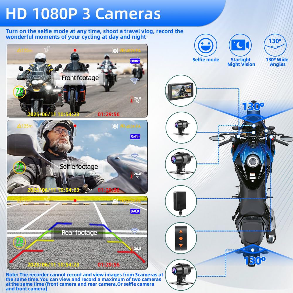 VSYSTO Dashcam per moto, schermo da 4,5'', telecamere 3CH 1080P WiFi, modalità selfie, con GPS, controller cablato, monitoraggio parcheggio, modalità assistenza alla guida, display della temperatura