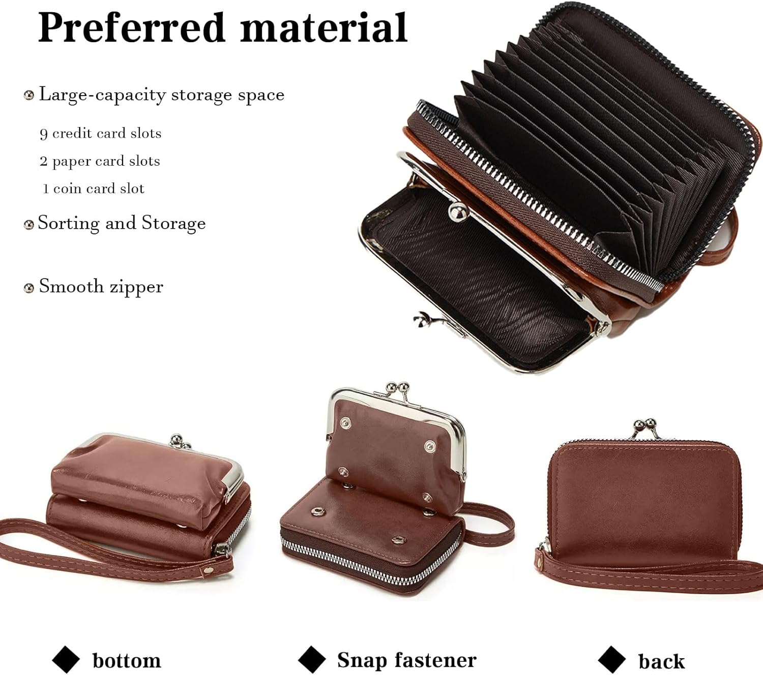 Pocket-sized ladies' change purse, card holder with zipper, compact yet spacious 12-pocket high-capacity billfold, coin and credit card storage bag (brown) - Image 4