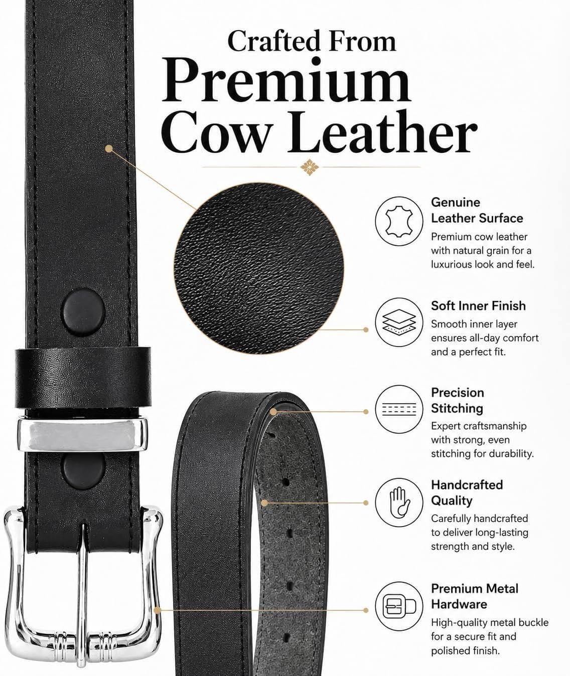 HAMS™ Cinturón de Cuero Genuino para Hombre, Negro con Hebilla