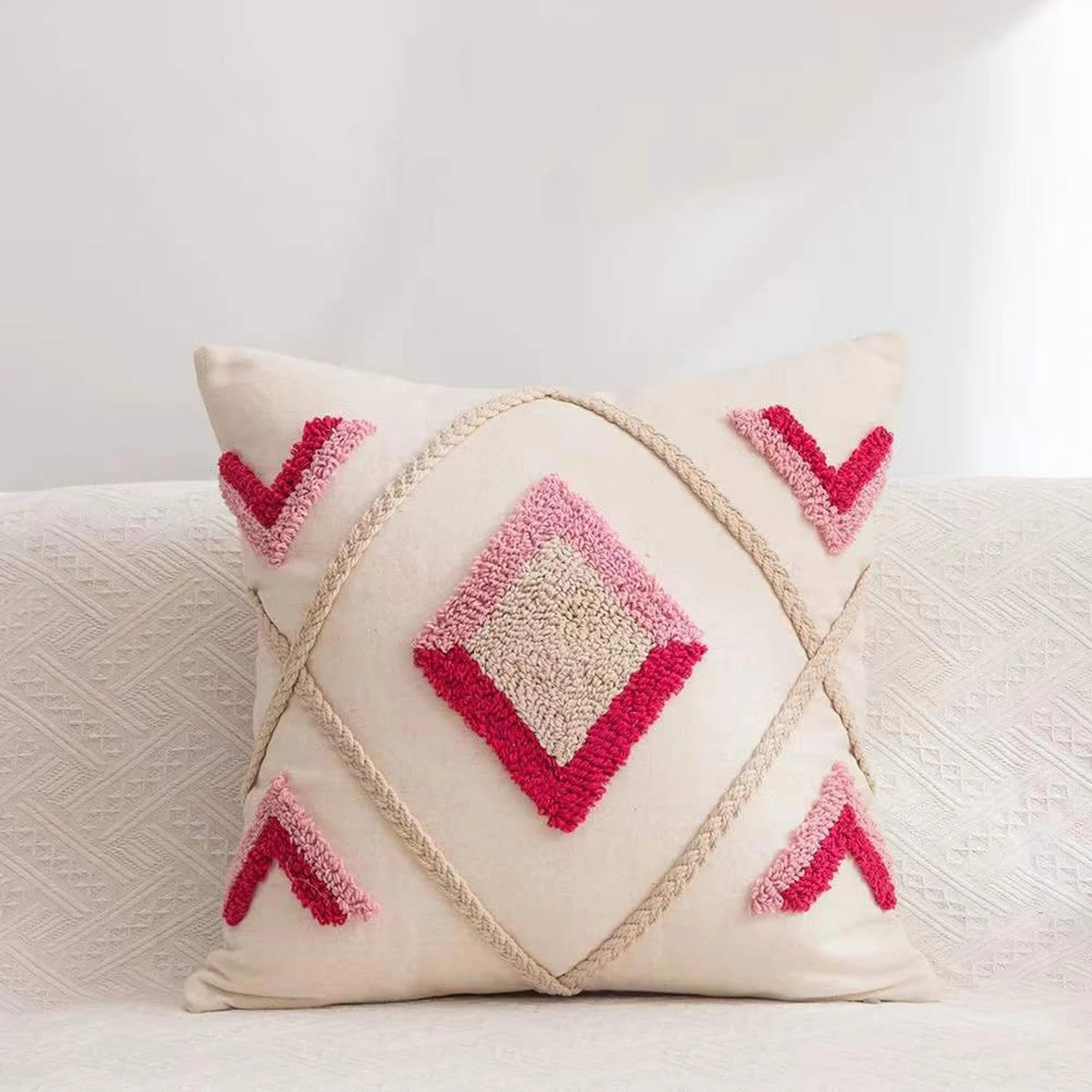Kaahira Accent Boho Tufted Decorative Throw Pillow Cover, Cozy Bohemian Velvet Pink Design Cotton Canvas Cushion Cover | Tassels Pillow Case Home Decor 16"X 16" 1 Piece (Velvet Pink)