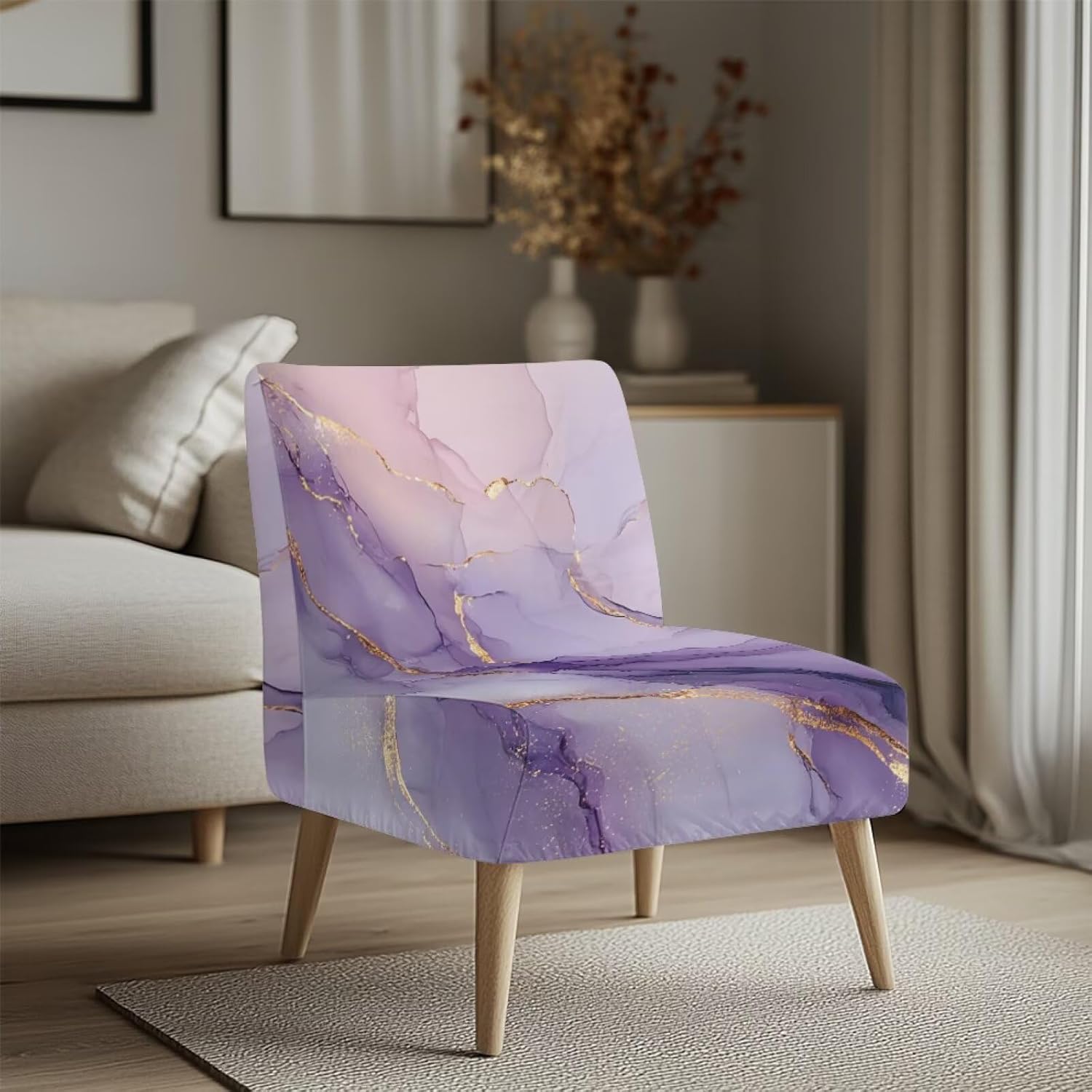 Kuiaobaty Pueple Gold Marble Armless Accent Chair Cover Removable Washable Slipper Chair Slipcover Stretch Spandex Chair Protector Covers Sofa Slipcover Modern Home Decor