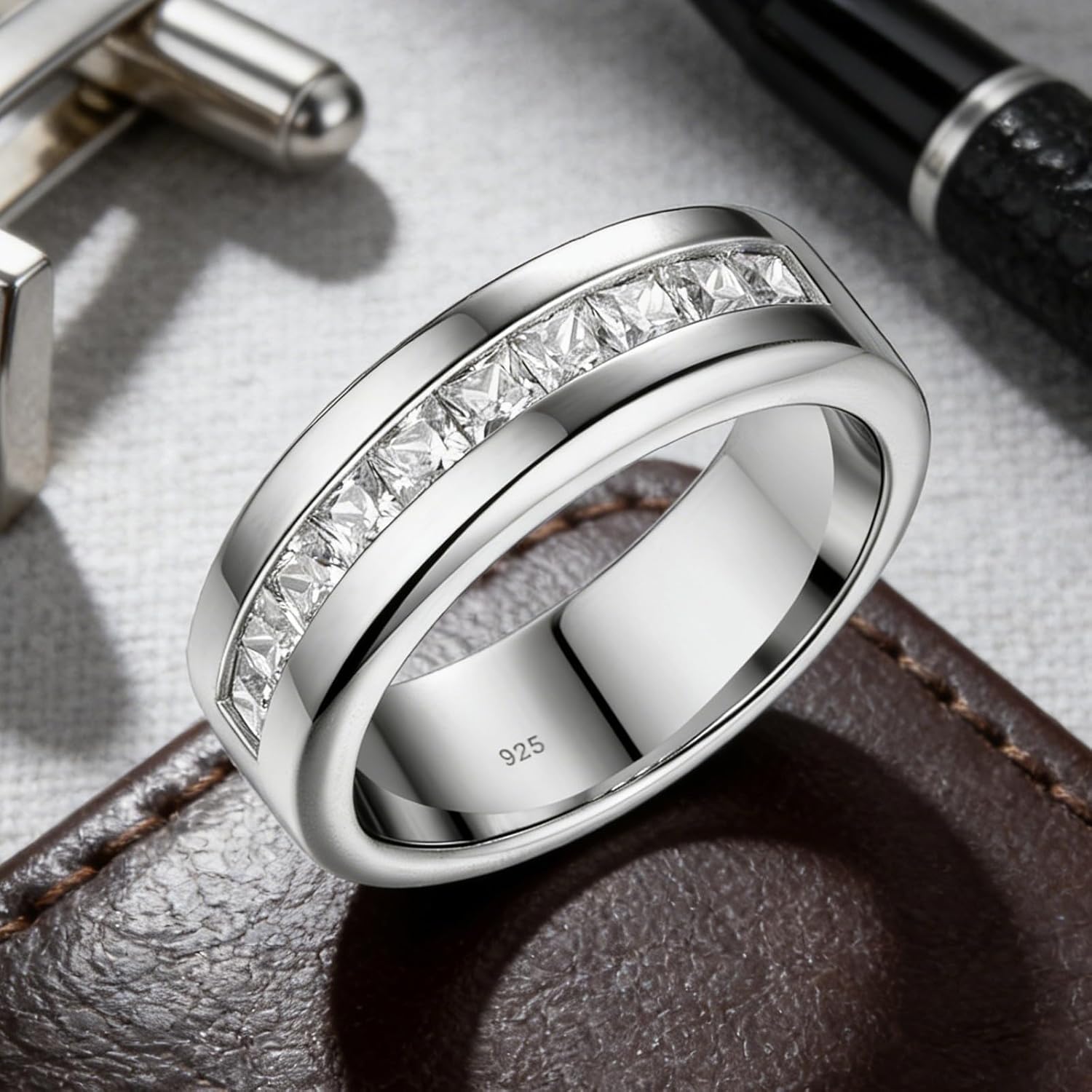 Men's Wedding Rings 925 Sterling Silver Ring Princess Round Cut White AAAAA Cubic Zirconia Size 8-13 - Image 2