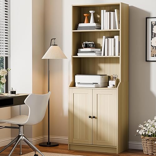 Miniatura 3 de Cozy Castle Estantería y estantería de 75 pulgadas de alto con 2 puertas, estantería independiente grande de 5 niveles con armario de almacenamiento