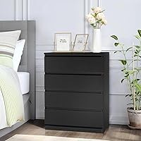 Vista 2 de Vibe & Dine Cómoda de 4 cajones, cómoda moderna sin asa, mesita de noche alta de madera para dormitorio, color negro