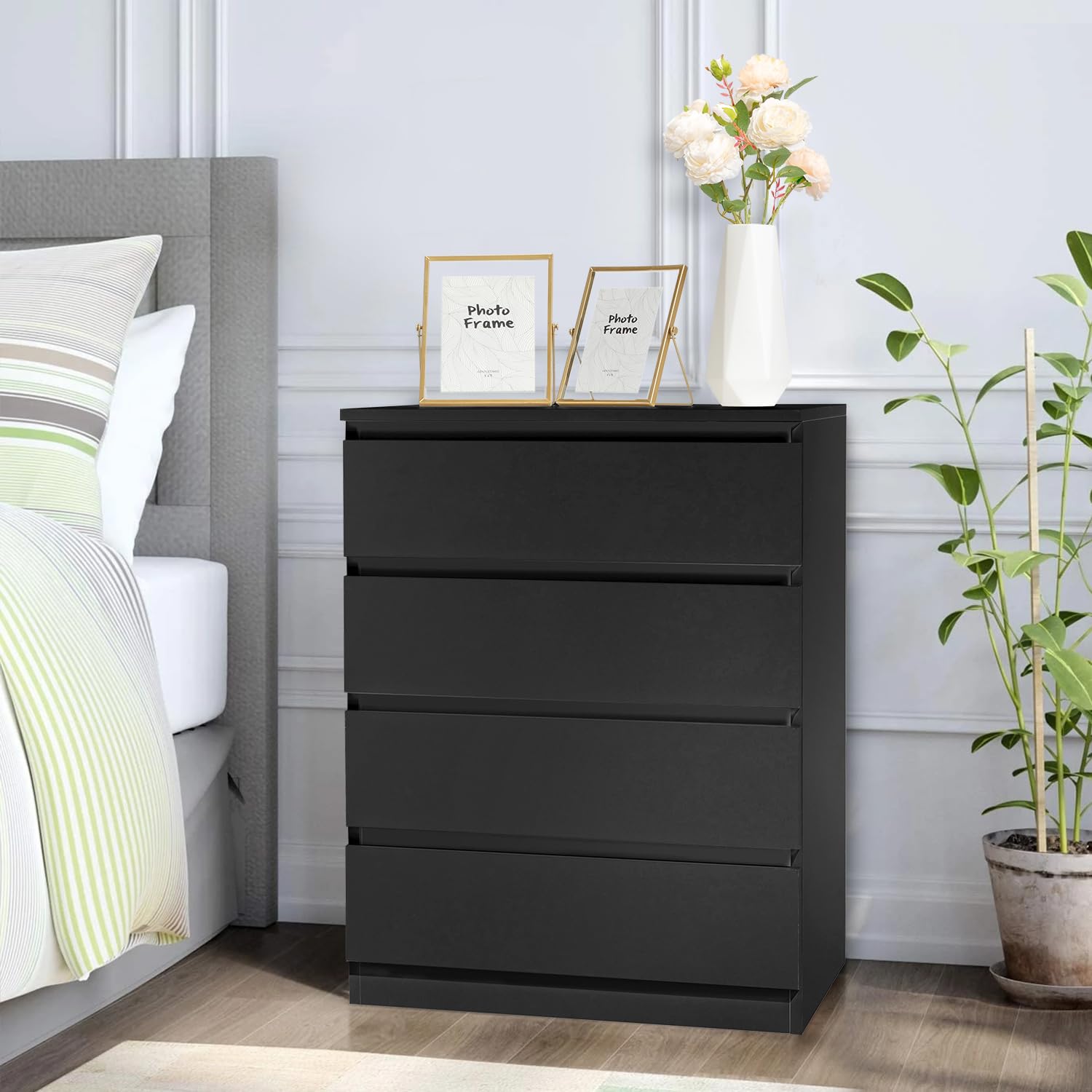 LEADZM Kommode Schlafzimmer Kommode mit 4 Schubladen, Schwarz