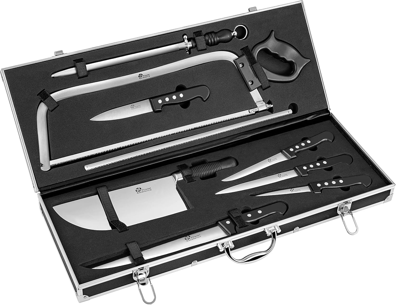 Pradel Excellence - Mallette Coutellerie du Boucher 9 Pièces - Couteaux de Boucher, Scie, Aiguiseur - Acier Inoxydable 420J2 - Mallette Aluminium - Logo Gravé, Noir,argent