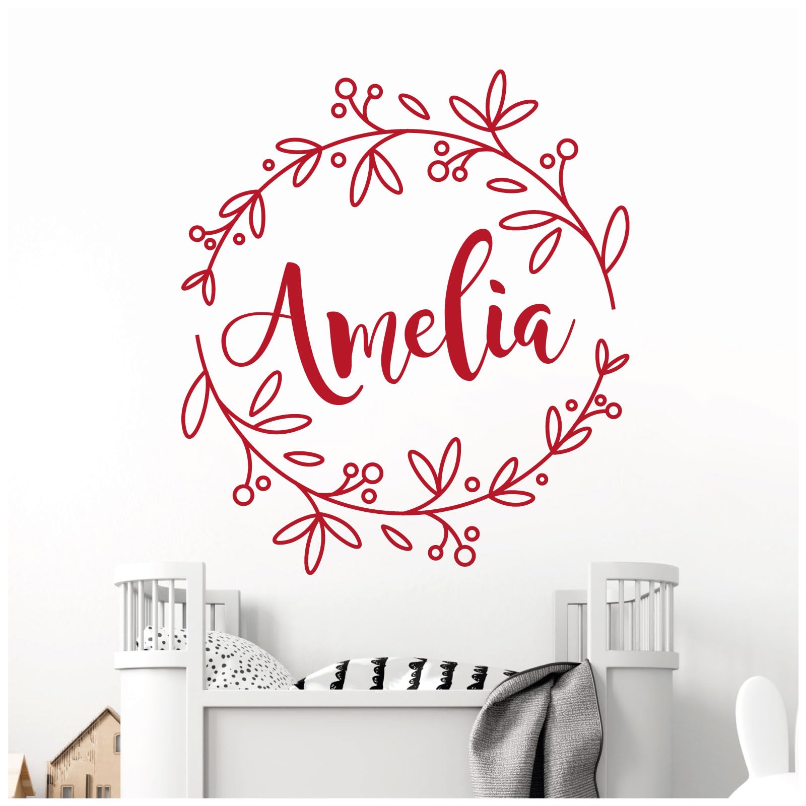Personalised Name - Floral Wreath - Nursery Vinyl Wall Decal Sticker [Large] [Cherry]