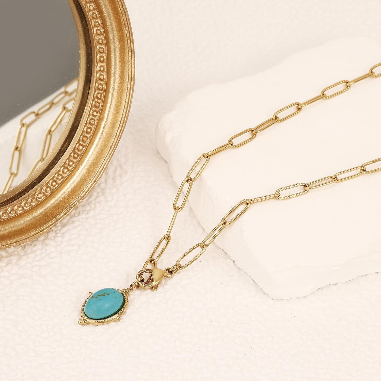 Turquoise Necklace Gold Turquoise Jewelry for Women Western Jewelry for Women Vintage Western Statement Necklace Oval Stone Pendant 14K Gold Plated Stainless Steel - Image 4