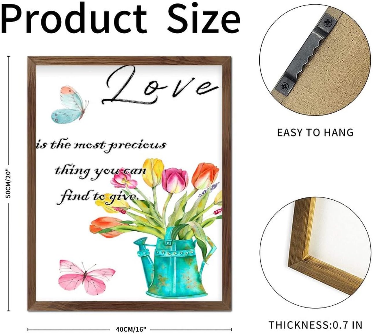 Love is The Most Precious Thing Framed Wood Sign Spring Tulip with Butterfly Wood Panels Farmhouse Hello Spring Flower Wall Art Hanging Farmhouse Decoration Plaque for Home Living Room 20x16inch