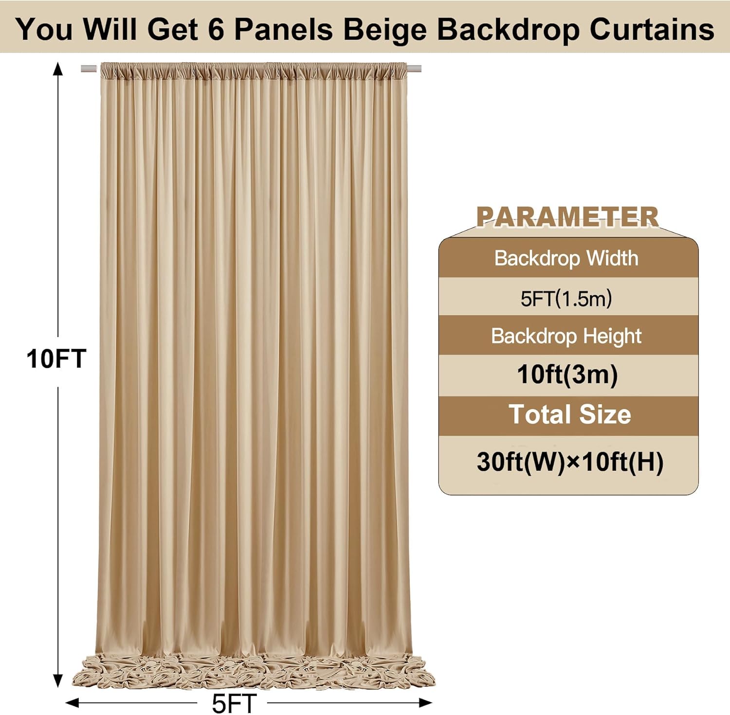 30ft x 10ft Wrinkle Free Beige Backdrop Curtains for Parties Weddings, 6 Panels 5×10ft Soft Silk Polyester Photo Backdrop Drapes for Birthday Baby Shower Baptism Photo Photography Background Cloth