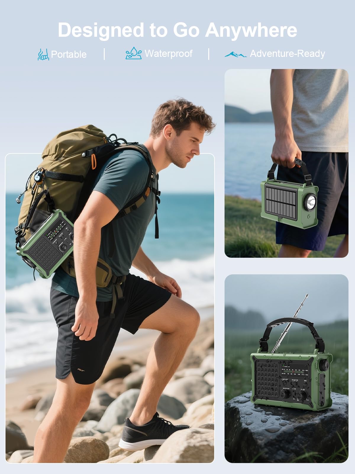 ROCAM Radio Solar de Emergencia con Manivela 12000mAh, Transistor Portátil Am/FM con Dinamo 650mA y Panel Solar 8500mm², Linterna LED, Luz de Lectura, USB, Alarma SOS – para Camping y Cortes de Luz