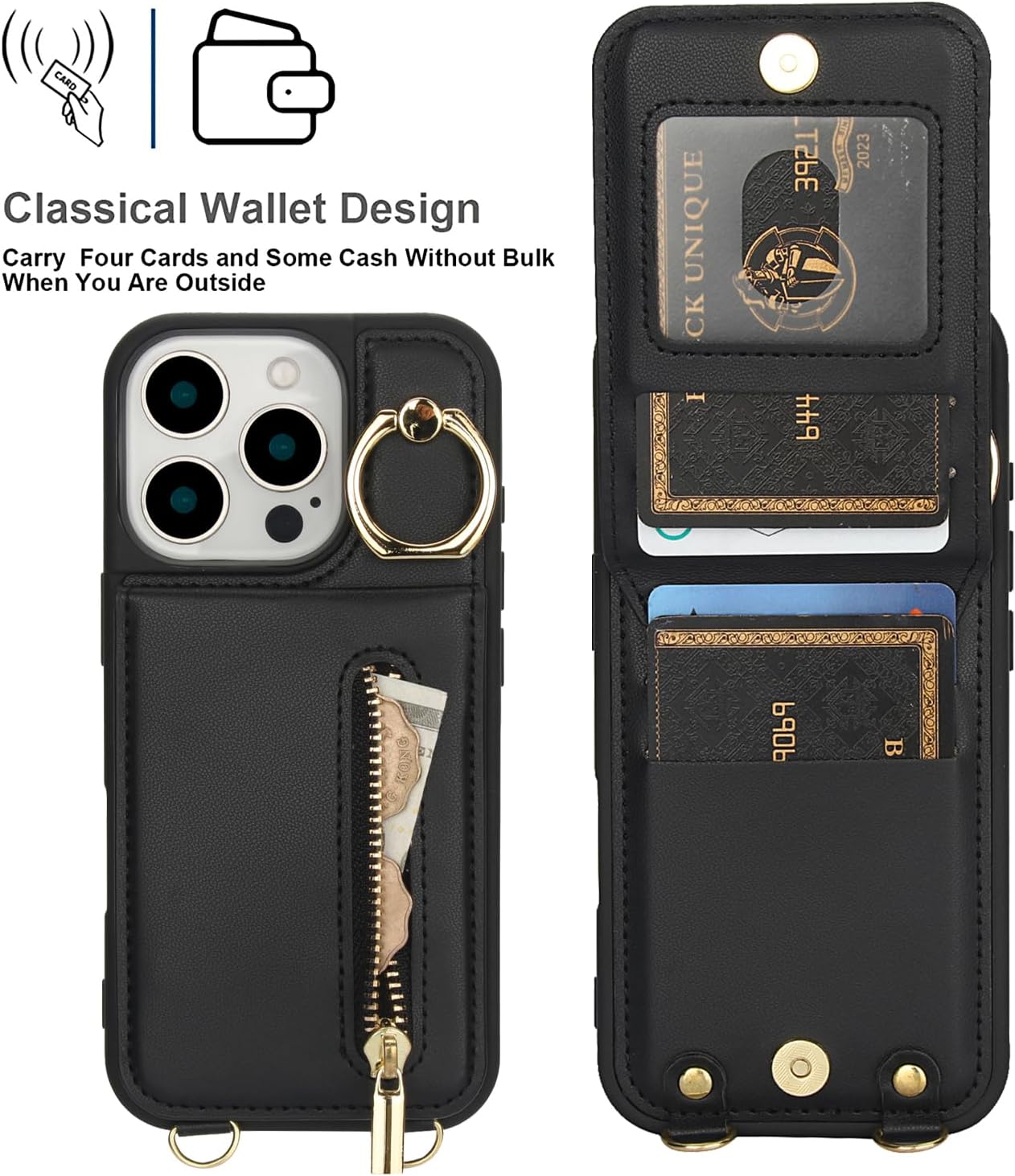 Crossbody Wallet Case for iPhone 16 Pro Max, with Card Slots Zipper Pocket Case, Flip Folio Purse RFID Blocking with Ring Kickstand Detachable Strap-Black - Image 5