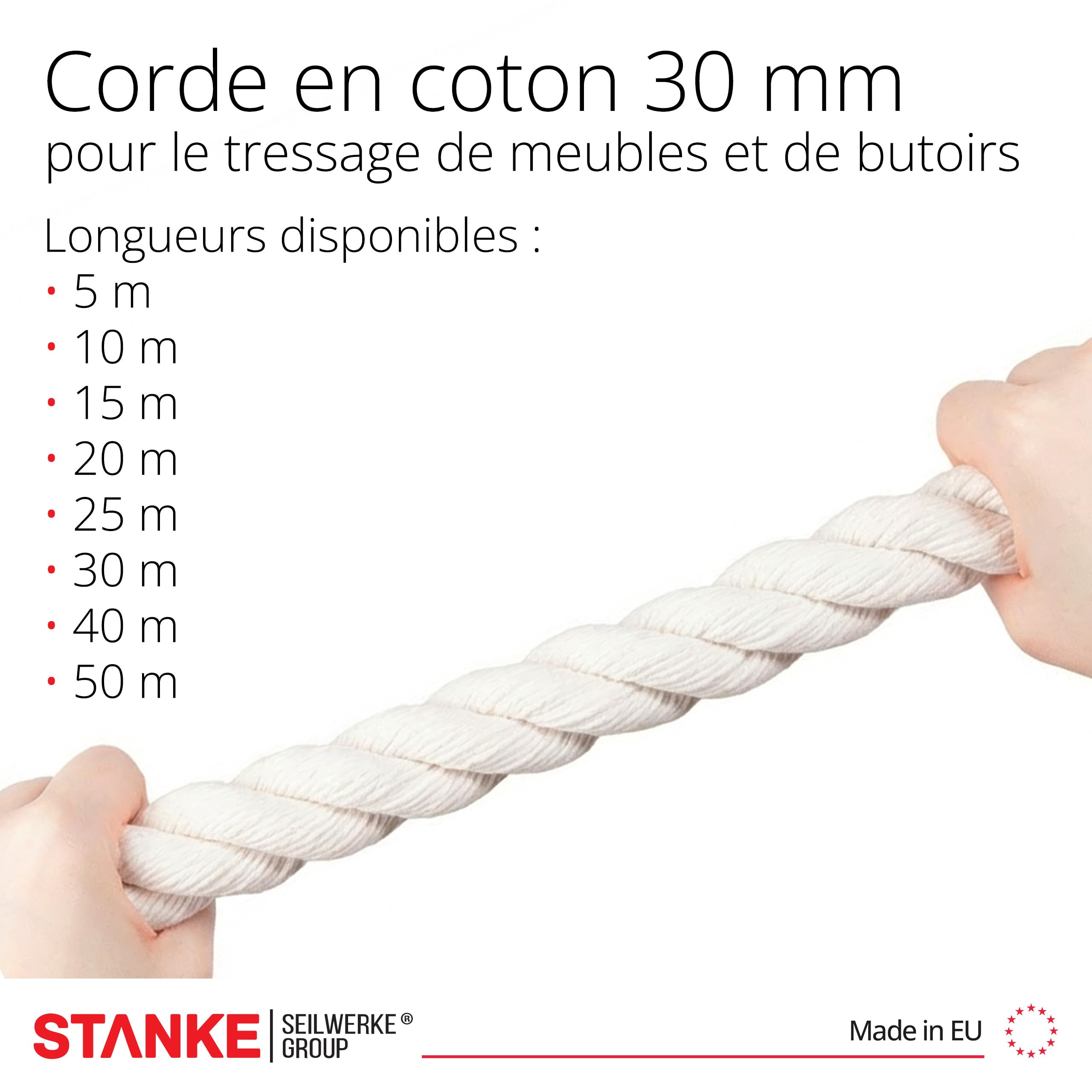 Seilwerk STANKE Grosse Corde Coton 30mm x 15m, torsadée en 3 brins - Plinthe Corde, pour Finitions murales, Protection Contre Les Chocs – Stable, Bonne adhérence, Facile à Nouer, 100% Coton Naturel