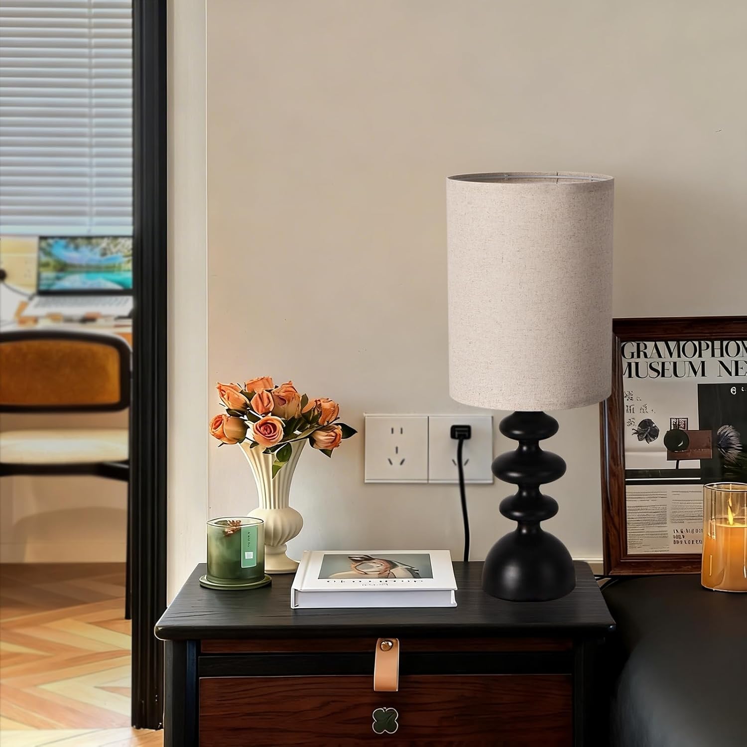 Modern Black Spiral Base Table Lamp with White Fabric Cylinder Shade - Minimalist Bedside Lamp for Bedroom, Living Room, Office