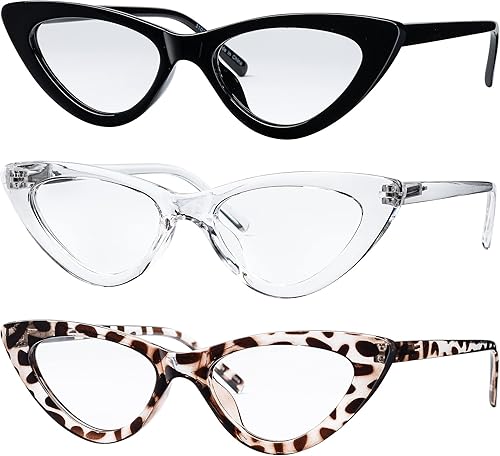 Miniatura 7 de Yogo Vision Paquete de 3 lentes de bloqueo de luz azul, lentes retro de ojo de gato para mujer, marco de plástico con bisagra de resorte claro