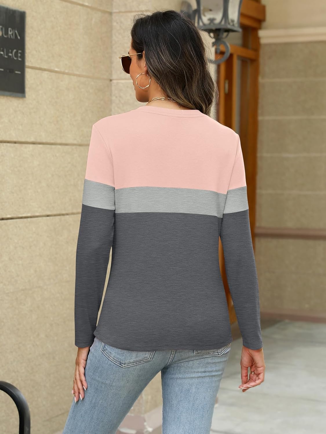 Womens Long Sleeve Tops Button Down Shirts Color Block Casual Fall Shirts Trendy Tops - Image 3