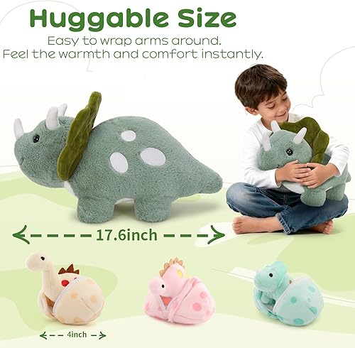 Miniatura 4 de Animales de peluche de dinosaurio, juguete de peluche para niñas y niños, una mamá dinosaurio con 3 dinosaurios bebés, triceratops, estegosaurio