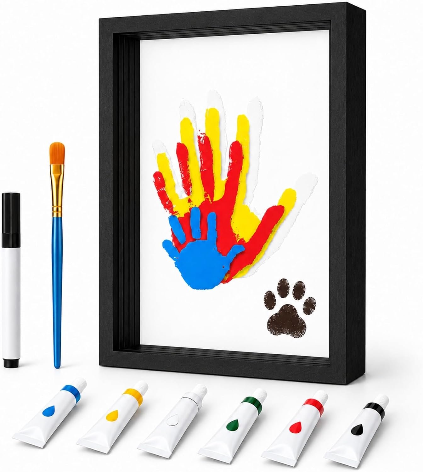 Wooden Transparent Handprint Frame Set, Diy Family Memorial Gift Kit, Acrylic Board, Colorful Paints, Clay Imprint Craft Frame for Couple, Parent & Child – Creative Gift (Black)