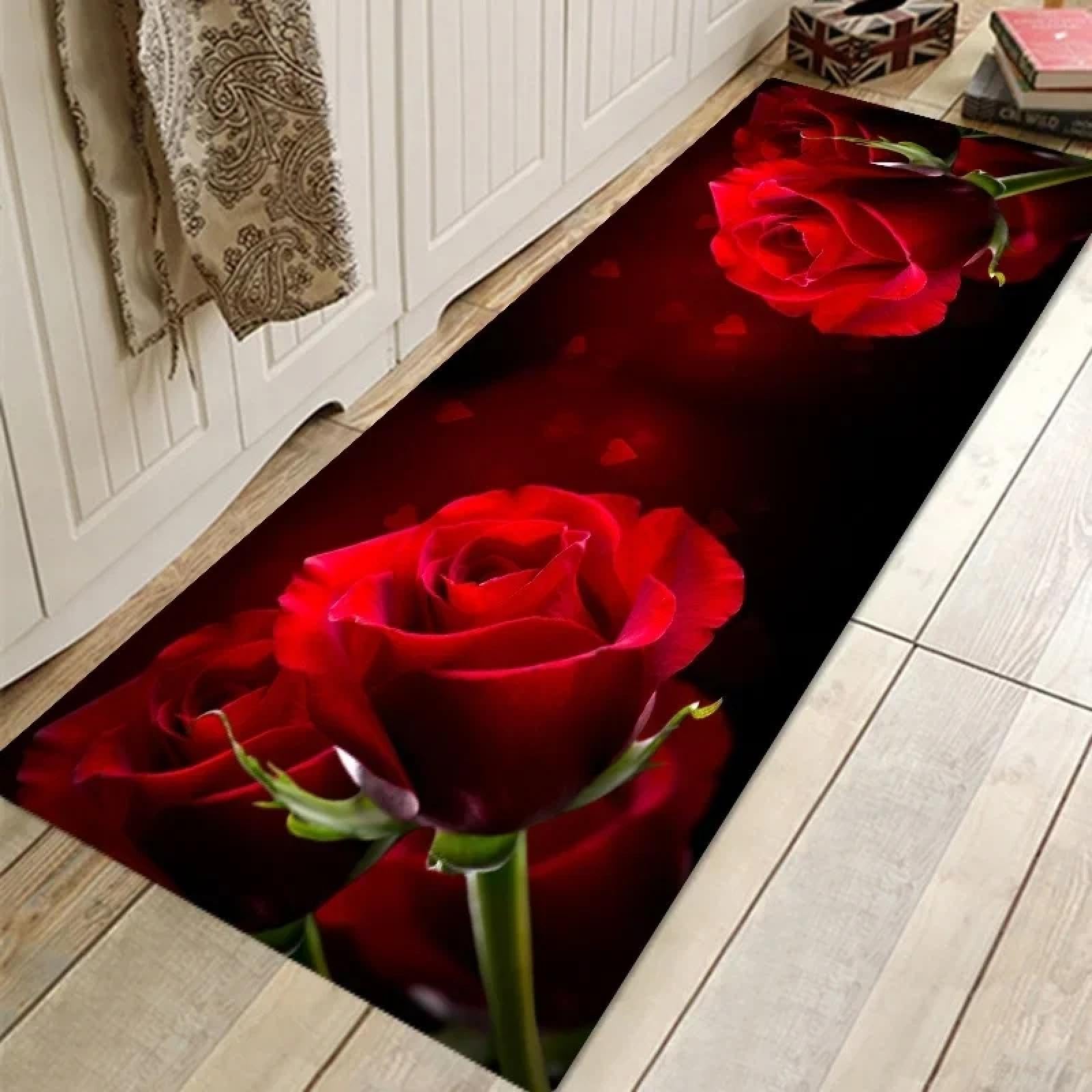 Tapis de cuisine fleurs roses confortable pour soulager les pieds devant le plan de travail