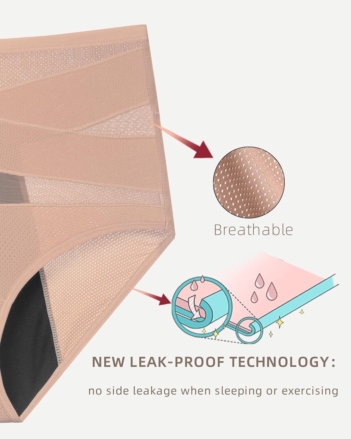 Women Period Underwear High Waisted Tummy Control Panties with Cross-Front Design Breathable Briefs Full Coverage - Image 3