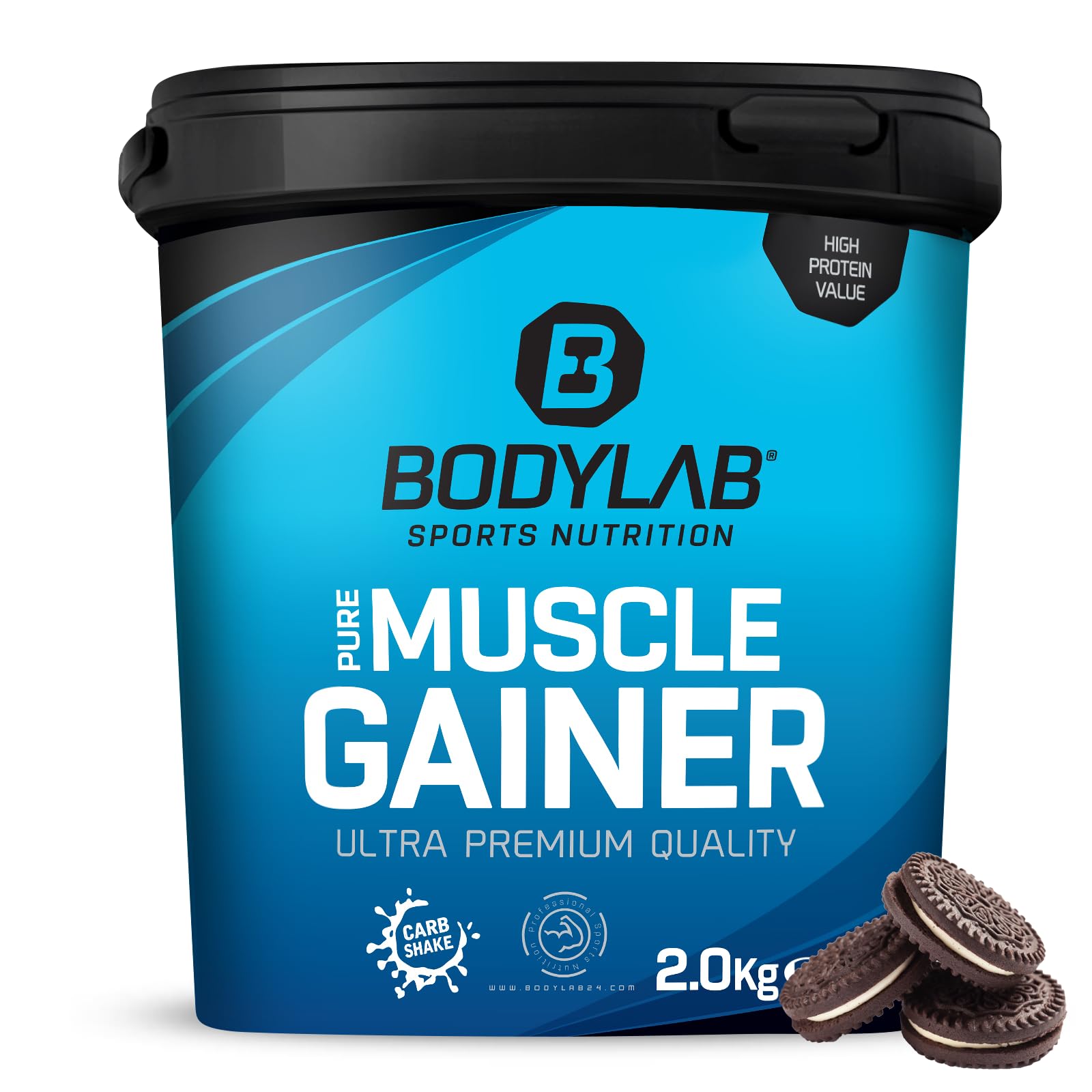 Bodylab24 Pure Muscle Gainer Cookies & Cream 2kg, je 100g 33g natürliche Kohlenhydrate, 40g Protein und 12g Fett, angereichert mit Kreatinmonohydrat, perfekter Weight Gainer Shake für den Masseaufbau
