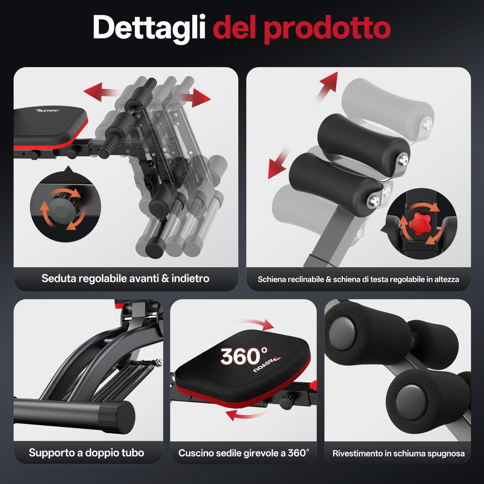 PASYOU Macchina Addominali con Fascette Resistive, Allenatore Addominale Pieghevole Regolabile, Panca Allenamento 135 KG per Palestra Domestica, Sedia Esercizi Corpo Completo