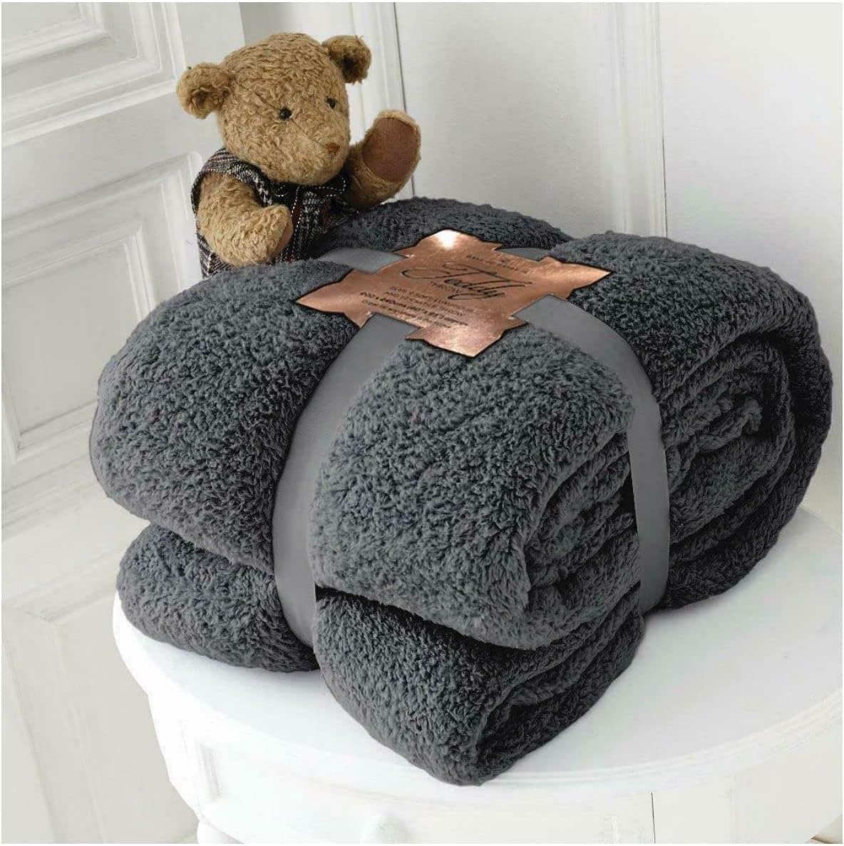Super Soft Luxury Teddy Bear Sherpa Throw Fleece Blanket Sofa Bed Warm Non Allergic (Double:130Cm x 180Cm, Grey/Charcoal)