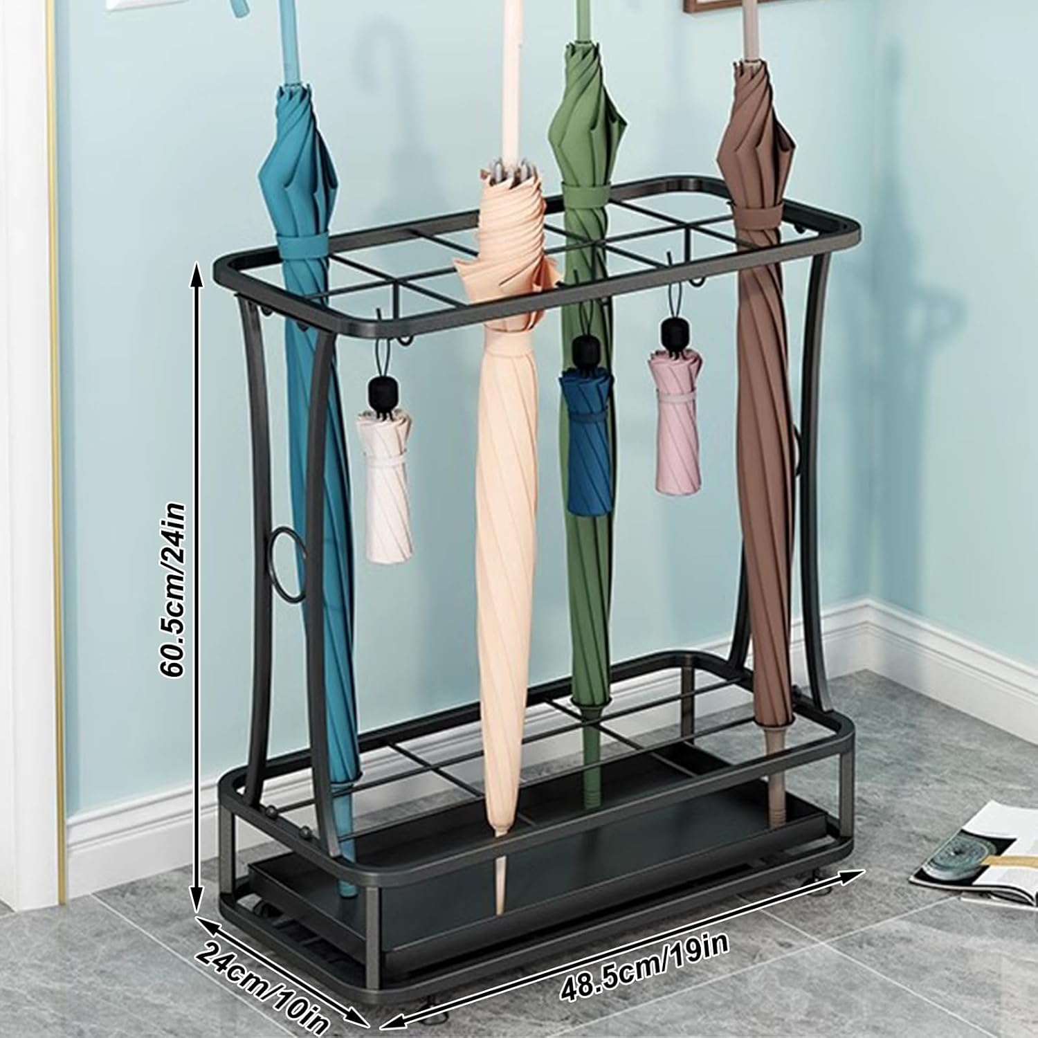 Modern Umbrella Stand Organizer with 10 Slots and 8 Hooks Indoor Umbrella Holder for Entryway with Screw Reinforcement Adjustable Foot Pad and Water Storage Tank Stylish Iron Hook