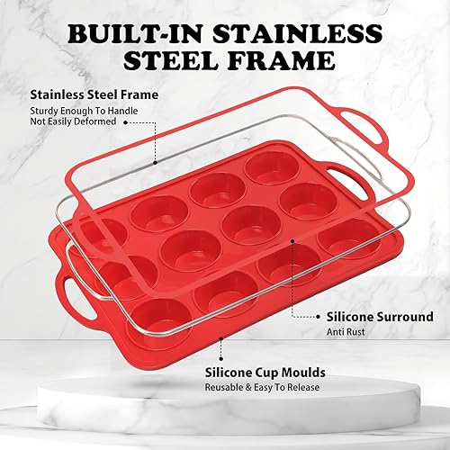 Miniatura 6 de Paquete de 2 moldes de silicona para magdalenas con marco de metal, molde de silicona regular antiadherente con asas, 12 tazas, bandeja de silicona