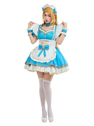 Mobbunny Women's Princess Cosplay Costume Maid Costume Dress Anime Blue Cosplay Dress with Apron Sleeves - X-Large - Blue