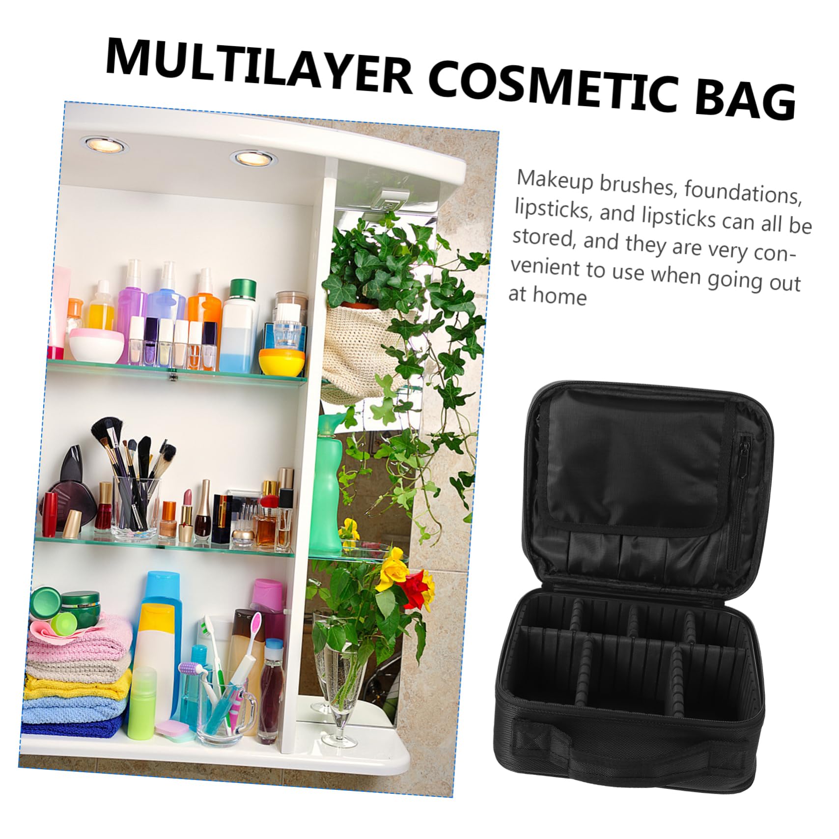 Borsa Cosmetici da Viaggio Multistrato Manico, Nailon Nero