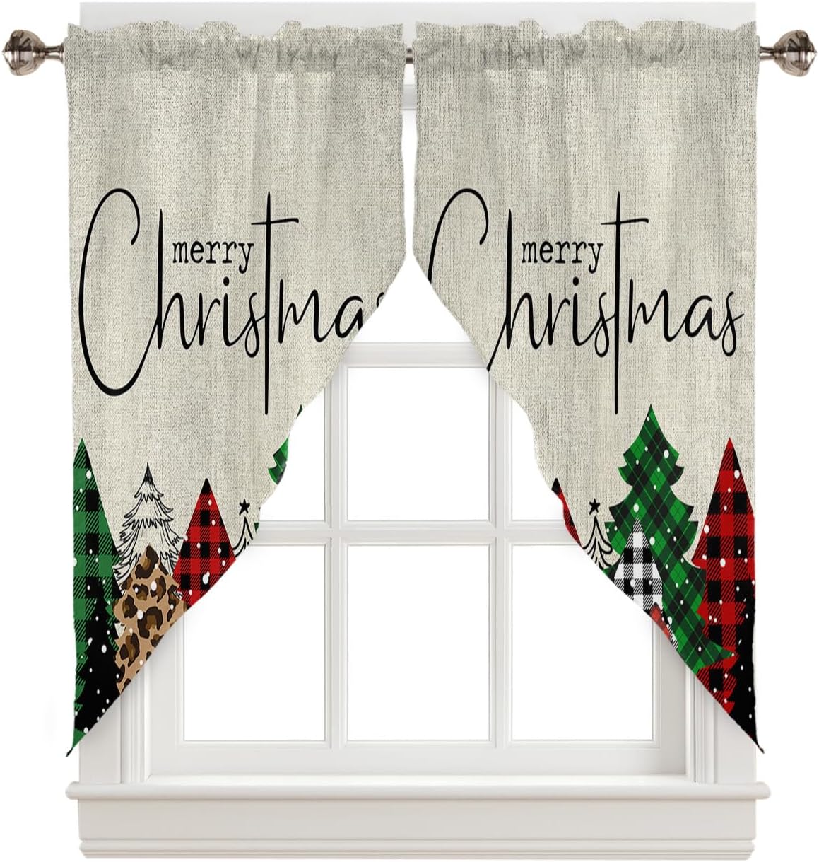 Swag Curtain,Christmas Red Green Buffalo Plaid Xmas Tree Kitchen Valances Rod Pocket Curtains Tier Pair Swag Topper,Winter Retro Linen 2 Panels Window Treatment for Bathroom Living Room Bedroom