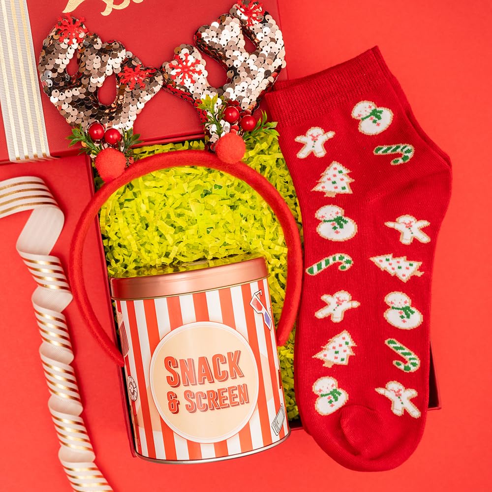 The Zappy Box Christmas Movie Night Hamper | Secret Santa Festive Gift Hamper | Movie Night Gift of Xmas Socks, Headband & Customized Popcorn Tin | Festive Gift Box & Holiday Snack Hamper | Pack of 3-image-27