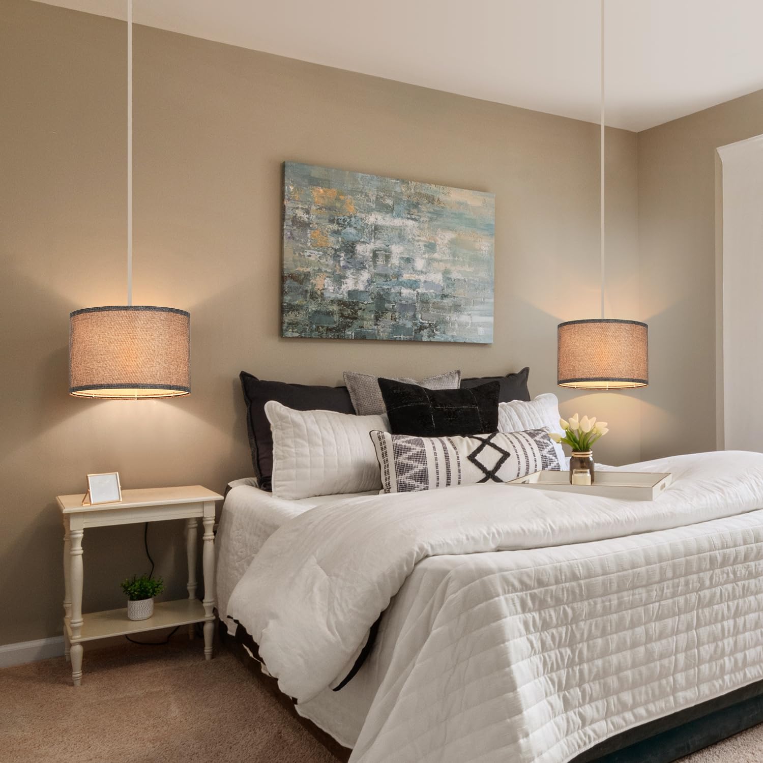 2 Pack Plug in Pendant Light, Hanging Light with 15Ft Clear Cord, On/Off Switch, Grey Fabric Lamp Shade, Hanging Light Fixture for Bedroom, Kitchen, Living Room, Dining Table