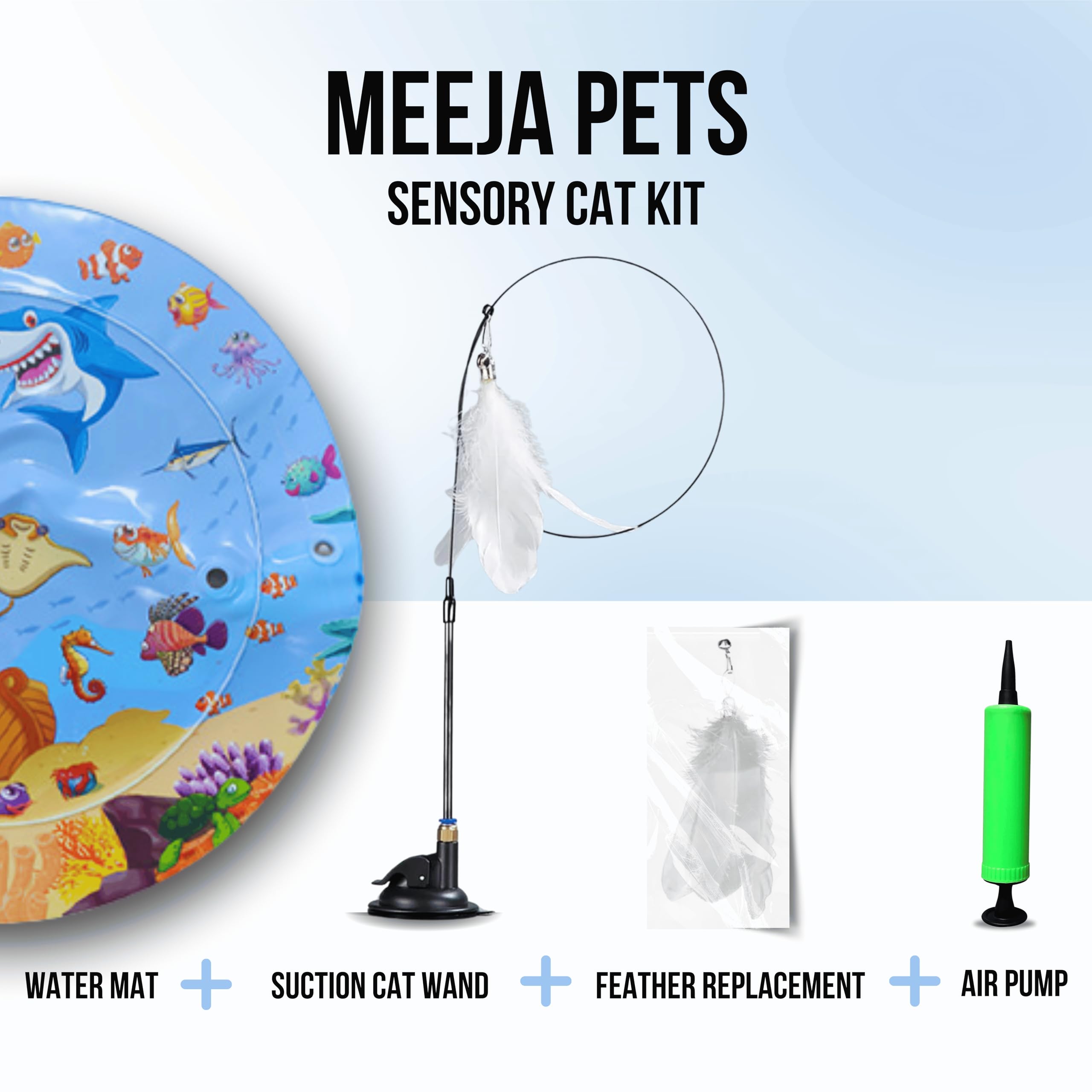 MEEJA PETS Cat Sensory Water Mat with Cat Feather Wand Toy - Interactive, Portable, Lightweight