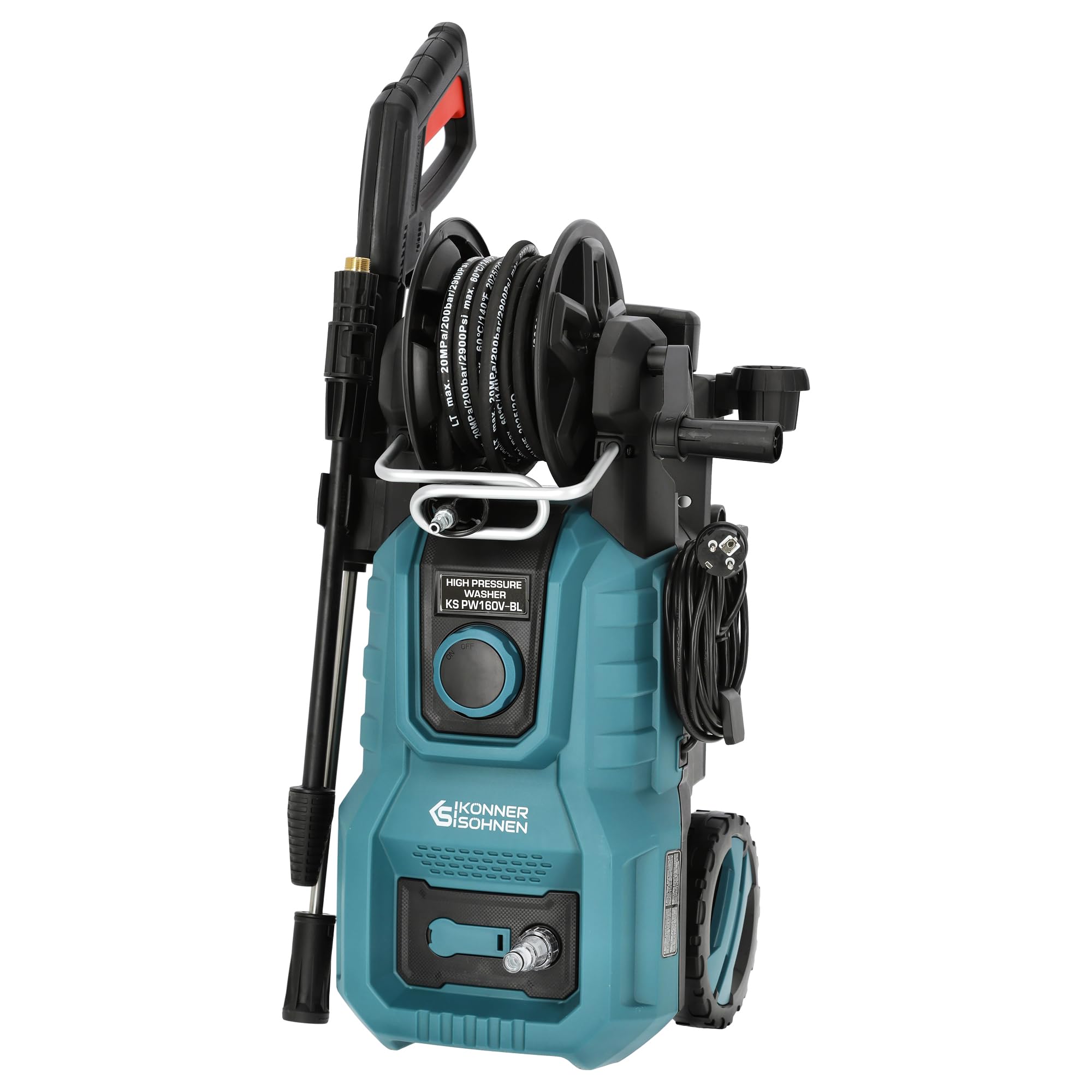 Könner & Söhnen KS PW160V-BL Hochdruckreiniger 2000 W, 160 bar, mit bürstenlosem Induktionsmotor, Teleskopgriff, Metalllanze und 8-m-verstärktem Hochdruckschlauch, mobiler Flächenreiniger 390 l/h