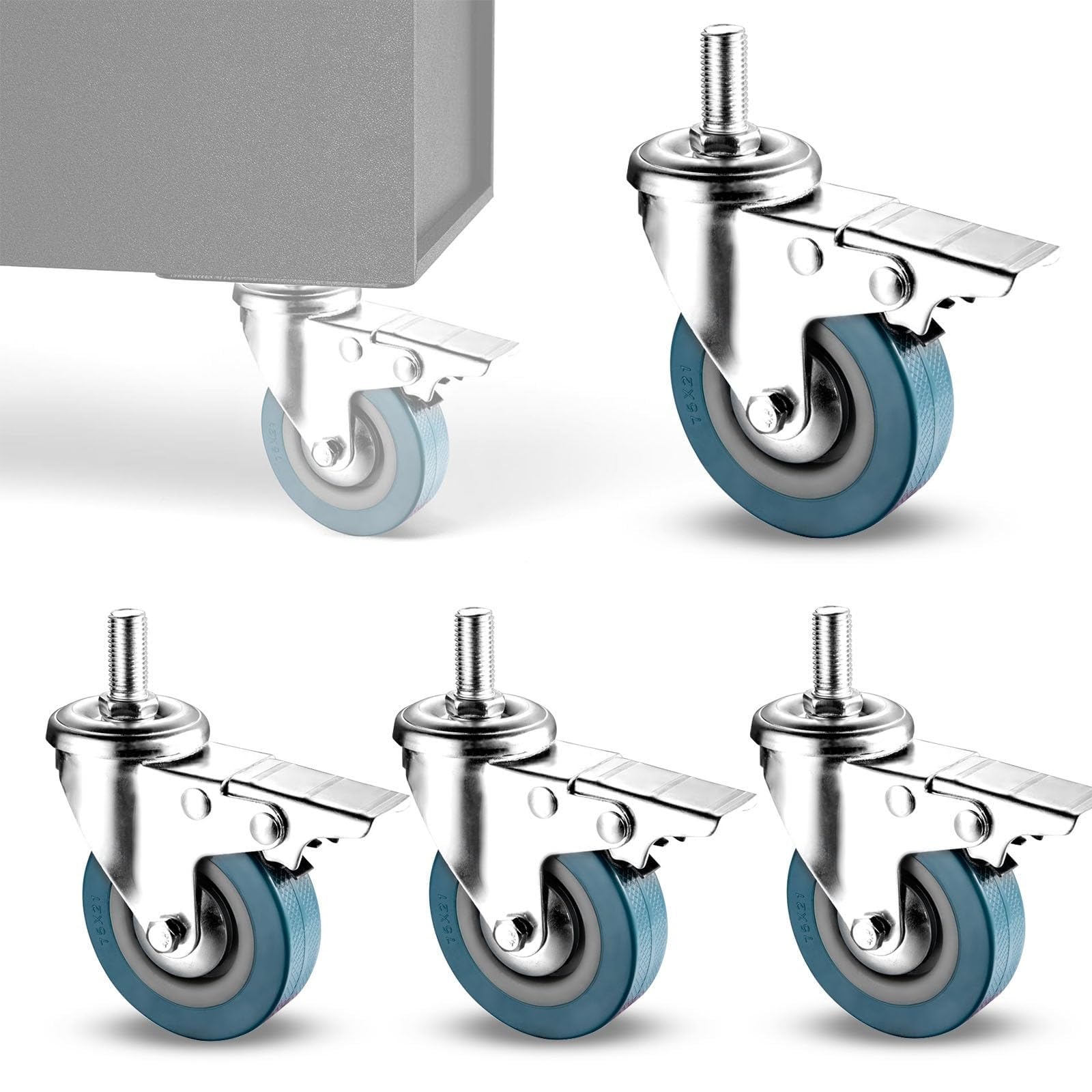 ZGUOUZANTYE Set Of 4 Swivel Caster Wheels Non Marking M10 12 Threaded Stem 360 Degree Brake Casters No Noise For Cart Furniture Workbench(Brake,75MM/M12)