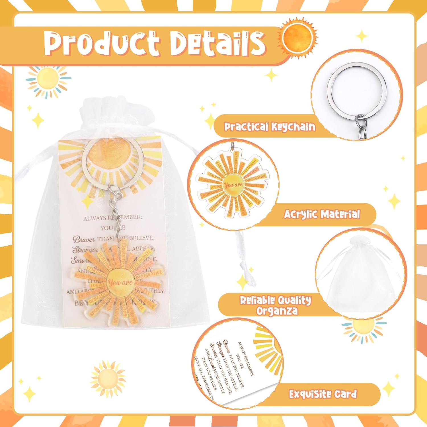 Serencatcher 72pcs Sun Inspirational Keychain Party Favors Emotional Support Gifts with Sun Keychains Inspirational Cards Organza Bags Employee Appreciation Gifts Bulk for Office Coworkers Staff