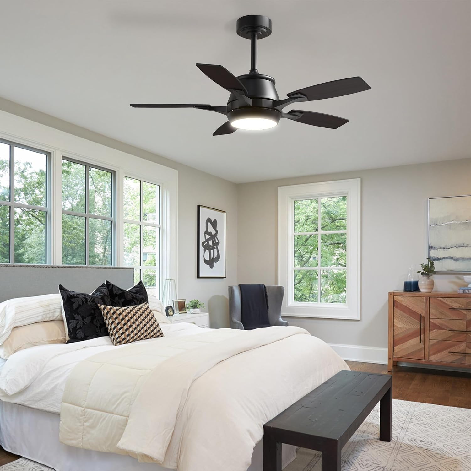 LUDOMIDE 42" Ceiling Fan with Light, Modern Low Profile Ceiling Fan with Light, DC Reversible Motor, Smart APP & Remote Control, Whisper Quiet, Dimmable LED for Bedroom/Living Room