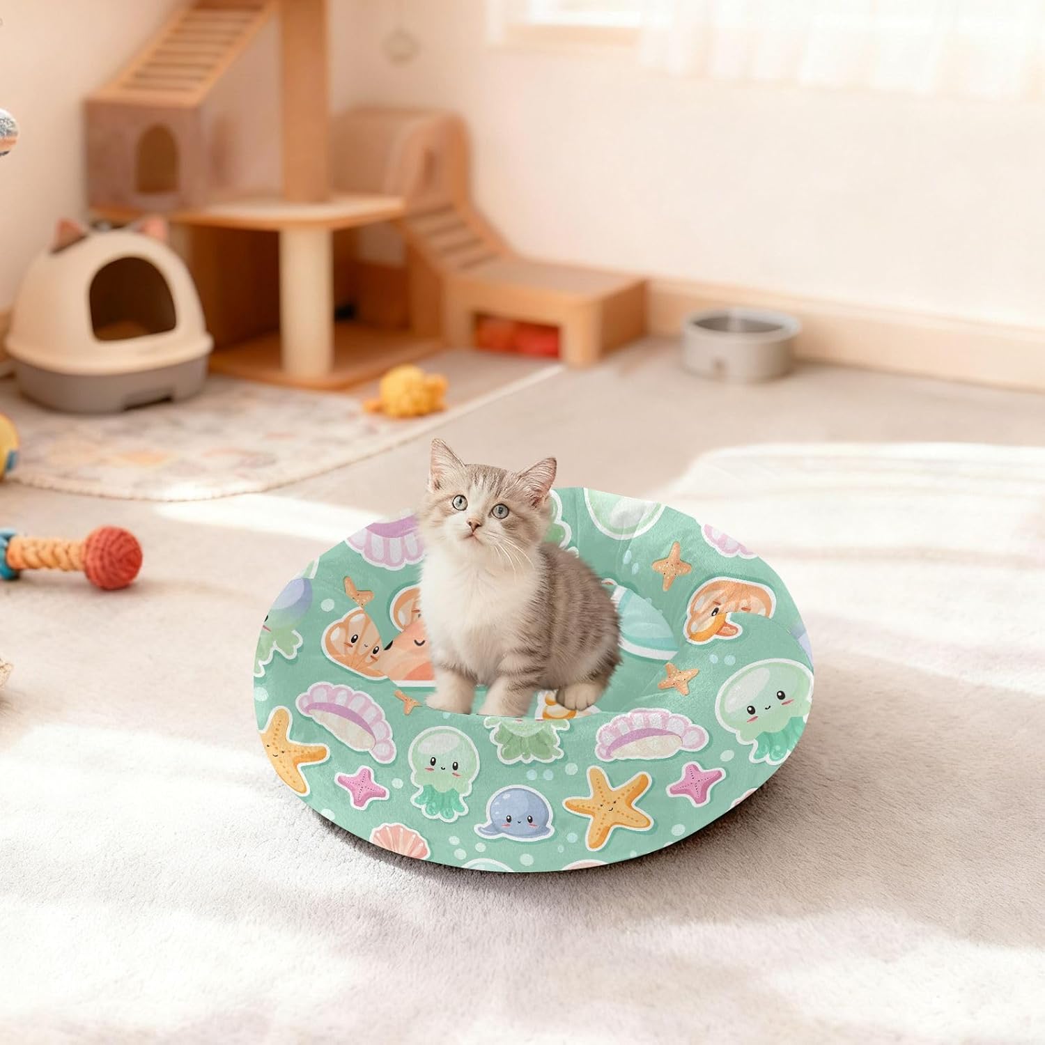 Wudan Pet Cat Beds Donut Cuddler Fluffy Dog Pillow Bed for Medium Size Pets Supplies M Light Blue Jellyfish