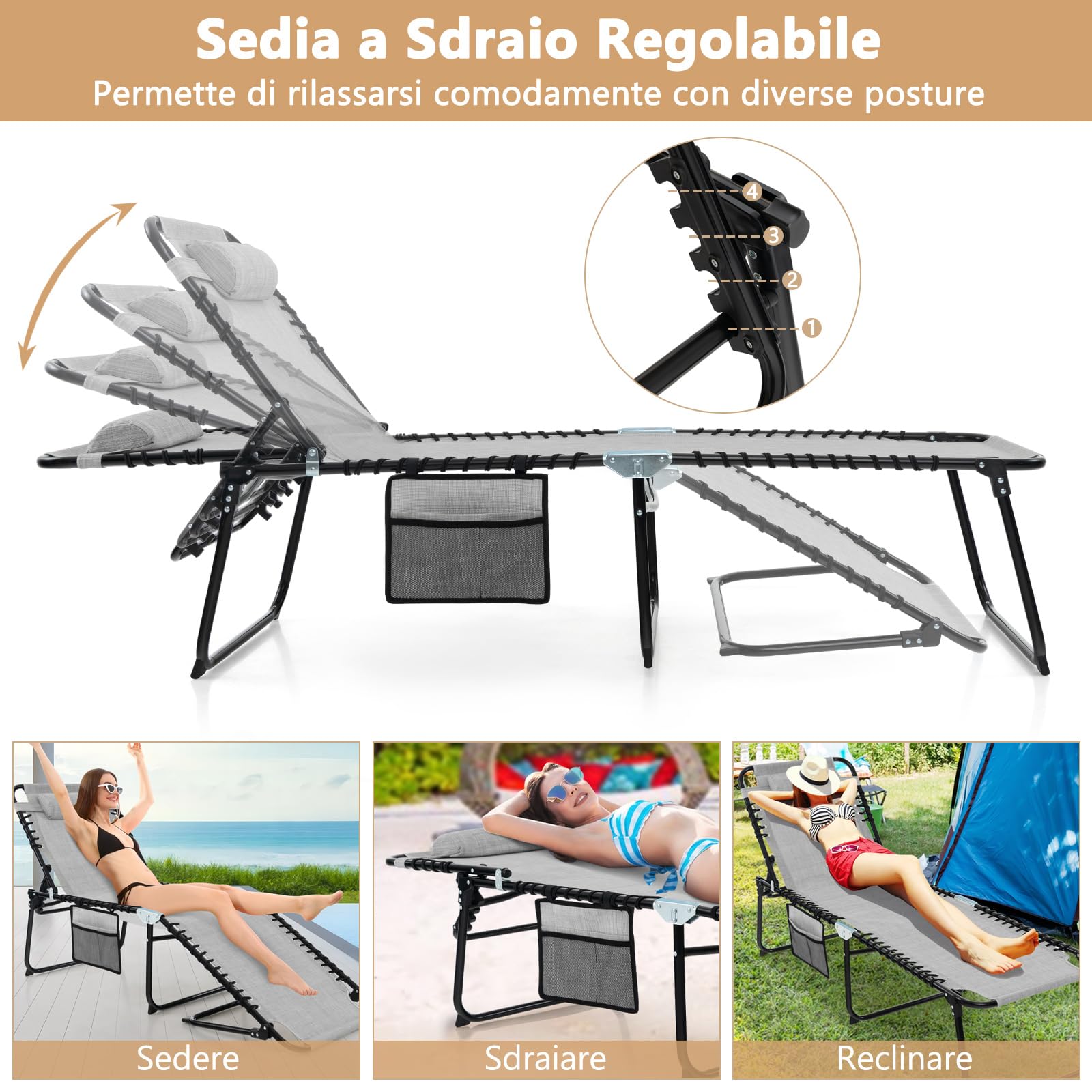 COSTWAY Lettino da Spiaggia Pieghevole Portatile, Sdraio da Mare con Schienale Regolabile 4 Posizioni, Tasca Laterale e Poggiatesta Staccabile, per Giardino e Campeggio, Portata 150 kg (Grigio)